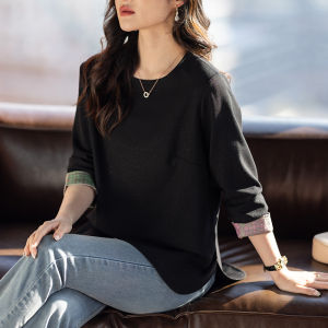 Elegant Long Sleeve T-Shirt Womens Autumn New Style Retro Slimming Sweatshirt Midi Black Top Chinese National Style