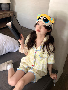 Sweet Color Block Plaid Sleepwear Set Womens Comfortable Skin-friendly Home Clothes Short Sleeve Button Front Closure