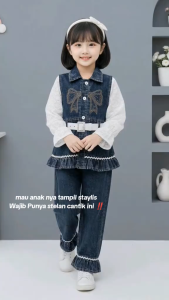 Setelan Namari Jeans Snow Black Rompi Import 3 in 1 Pita Lengan Brukat anak Perempuan Usia 3 - 10 Tahun Model Jeans Mix Shakila Rompi Pita Bunga Model Koreans Style Usia 3 - 10 Tahun Set Pita Model Korean Style terbaru Lebaran 2026