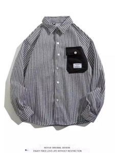 Japanese Style Vintage Stripe Long Sleeves Shirt Mens Spring and Autumn Stylish Pocket Loose Shirt Versatile Casual Coat