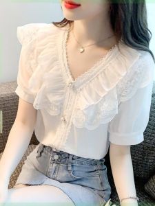 2024 Summer New Arrival Sweet Elegant Lace Ruffles V-neck Puff Short Sleeve White Chiffon Shirt Tops Women