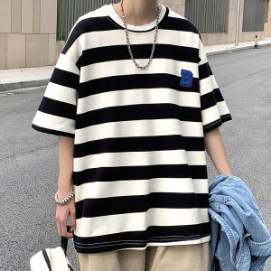 เสื้อยืดแขนสั้นลายทางสีดำขาว ทรงหลวม ลำลอง สำหรับผู้ชาย ฤดูร้อน 2025 เสื้อยืดคอกลมทรงหลวมสไตล์ญี่ปุ่น