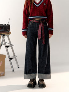 Deep Blue High Waist Straight Leg Jeans American Retro Loose Design Wide Leg Pants Casual Pure Color Flip Edge AsGony