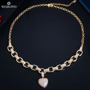 SEQUITO Luxury Gold Color Chain Link Necklace Inlaid Tiny AAA Cubic Zirconia Diamond Romantic Heart Charm Long Pendant Necklaces Jewelry for Women Wedding Gift SN020