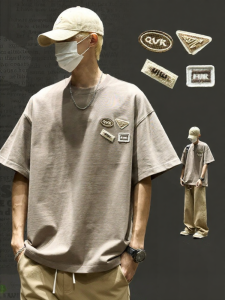 SZON | Mens Summer Retro Embroidered Loose Short Sleeve Cotton Heavyweight Casual T-shirt