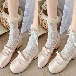 Butterfly Knot Hollow out Mid-Calf Socks Womens Thin Style Summer Fashionable Lace Edged Mary Jane Calf High Socks