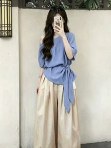 SENWA | Bộ Đồ Đồng Bộ Hấp Dẫn Áo Thun Quai Vai Không Đối Xứng Và Quần Short Màu Xanh