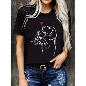 T-shirt with Heart-shaped and Dog Shaped Patterns for Summer and Spring Round Neck Womens Fashionable Casual Cotton Top