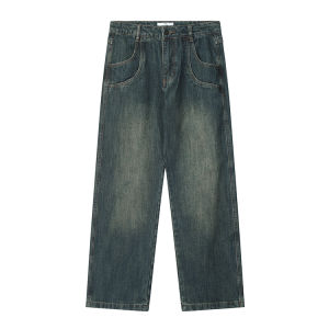Retro American High Street Distressed Blue Denim Mens Straight Leg Pants Draping Style Youthful Casual Wear All Seasons