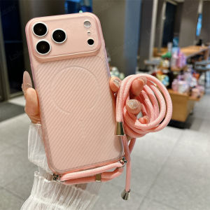 Crossbody Lanyard Carbon Fiber Pattern Soft TPU Phone Case For iPhone 17 Pro Max 16 15 14 Plus 13 12 11 Air For Magsafe Cover