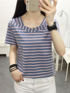 Anti-Aging Mom Pure Cotton Short Sleeve T-Shirt Womens Summer New Loose Large Size Belly Covering Striped Body Shirt