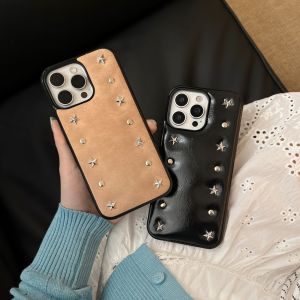 เคสโทรศัพท์หนังแท้สีพื้น รุ่น Personality Advanced Silver Stars Rivet ป้องกันแรงกระแทก สำหรับ iPhone 17 16 15 14 13 Pro Max