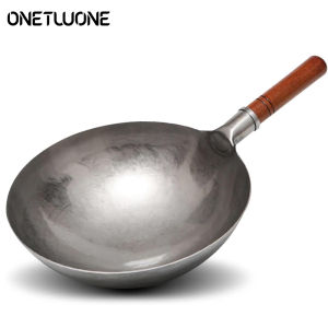 Hand Hammered Woktraditional Iron Wok No Coating Wooden Handle Non-stick Pan Kitchen Cookware