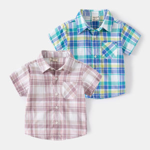 Rolanko 2-7 Years Casual Plaid Shirt for Kids Boys Summer Short Sleeve Tshirt Top Formal Wedding Birthday Party Wear