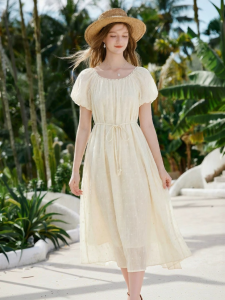 XIANGYING | Đầm A-Line Tay Bồng In Chấm Bi Pháp