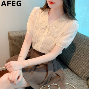 AFEG Korean version doll collar fashion loose temperament nailed bead chiffon bubble sleeve blouse for women