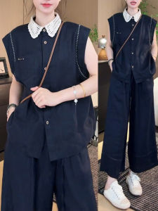 Shalldoer | Fashionable Lace Splice Sleeveless Polo Collar Two-Piece Set For Women Summer Casual Wide Leg Nine-Piece Pants Ensemble