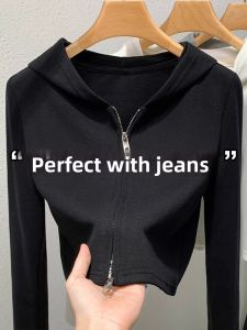 Black Dual-zip Slim Fit Short Hoodie Autumn Winter