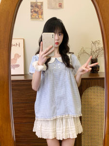 Blue Plaid Lace Doll Shirt Short Sleeve T-Shirt Women Sweet Young Bubble Sleeve Top New Style Korean Version Slim Fit Button Detail
