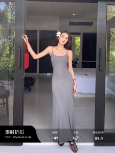 Chen Mi Fan Summer Long Knitted Floral Print Dress Womens Built-in Bralette Gown French Style Pleated Natural Waist Dress