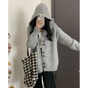 BINKAFENNY | Gray Hooded Open Cardigan Sweater Womens Loose Lazy High-End Knitted Shirt Korean Style Autumn Winter Comfortable Long Sleeve