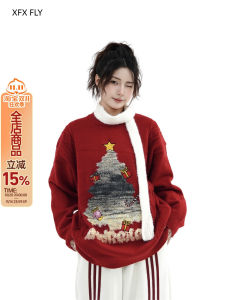 Ladies Thickened Fleece Lined Loose Knitted Sweater Lazy Style Christmas Tree Couple Tops INS Trendy Streetwear round Neck Long Sleeve