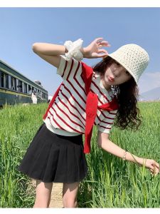 Áo Thun Nữ Tay Ngắn Dáng Rộng Phong Cách Hàn Quốc Mùa Hè 2025 Áo Len Dệt Kim Hai Mảnh Cổ Tròn Mềm Mại Thoải Mái