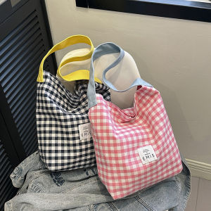 Túi Tote Vải Canvas Thời Trang Nhẹ Dung Tích Lớn Cho Nữ Túi Đeo Vai Đơn Thời Trang 2024 Túi Tote Vải Kẻ Caro Phong Cách Hàn Quốc
