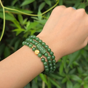 Q1642 Chuỗi 3v Ngọc Bích mix lu thống khắc kim tiền Ngọc Bích thiên nhiên Canada charm cỏ 4 lá vàng 10k bi vàng 10k  - Phong Thuỷ TUDO