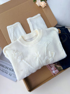 QINGNAER | Delicate Lazy Style 3D Flower White Knitwear
