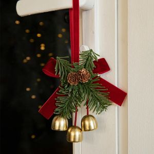 Luxury Christmas Door Decor Jingle Bells Hanger with Velvet Bow and Pine Cones Classic Noel Gift Idea 2025