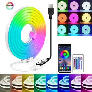 RGB LED Neon Strip USB กันน้ํายืดหยุ่นนีออนไฟบลูทูธ App และรีโมทคอนโทรล 24key สําหรับ Home Room ตกแต่งกลางแจ้ง