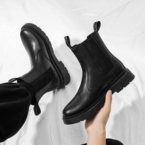 รองเท้าบูทมาร์ตินผู้ชาย ทรงสูง ทรงอังกฤษ ทรงเชลซี ทรงลำลอง สีดำ ทรงบุผ้า ทรงหัวมน ทรงหัวมน รองเท้าบูทผู้ชาย