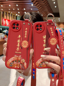 Oppo A72 Phone Case Red A7X Good Luck Wrist Strap Silicone Soft Shell Full Cover Anti-Fall Protection Case with Lanyard Womens Creative Popular Couple Shell