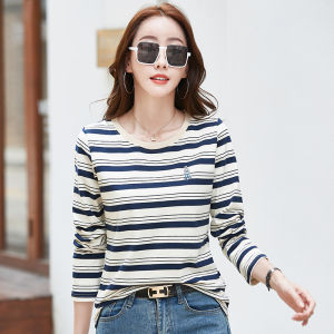 Áo thun cổ tròn tay phụ nữ dài áo thun thường ngày áo kẻ sọc 93% cotton