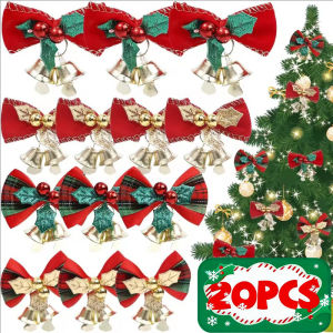 10/20pcs Christmas Bow Pendant Ornaments with Small Bell / Mini Bowknot Ornament for Xmas Tree Wreath / New Year Christmas Party Gift Package Decoration
