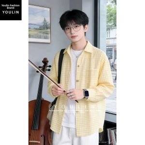 YOULIN | Youthful Light Blue Checkered Mens Shirt Bubble Fabric Sun Protection