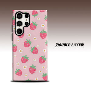 Pink Strawberry Print For Samsung Galaxy S26 S25 S24 A56 A36 Dual Layer Luxury Fashion Full Lens Protective Case