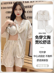 กางเกงขาสั้นผ้าฝ้ายชุดนอนสําหรับผู้หญิงสไตล์ฤดูร้อนพร้อมแผ่นหน้าอกสวมใส่ด้านนอกเวอร์ชั่นเกาหลีชุดลําลองเยาวชน