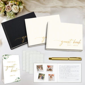 112-Page Premium Leather Memory Book - Elegant Guest Book for Birthday Life Celebration & Love with Standing Sign Photo Corner