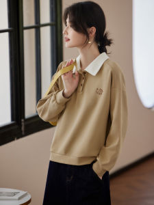 September Momo Minimalist Flexible Contrast Color Polo Collar Tops Loose Slimming Belly-Covered Sweatshirt Female 2024 Autumn New Arrival