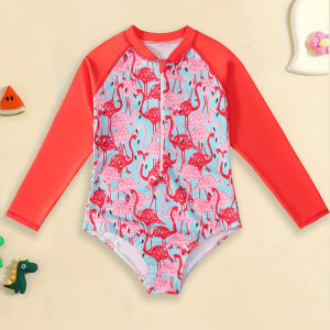 Girls Half-Zip Long Sleeve One-Piece Swimsuit: Flamingo Printed Cute Bathing Suit for Kids Beach Pool Vacation 3-8Y
