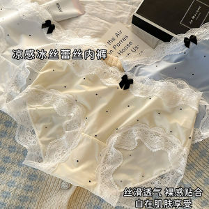 French Vintage Style Womens Ice Silk Underwear Lace Trim Seamless Retro Print mid Waist Cotton Crotch Polka Dot Briefs