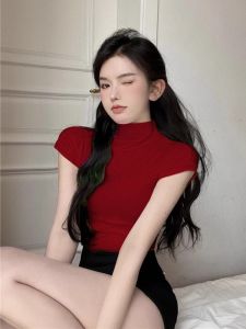 Áo Thun Nữ Cổ Cao Tay Ngắn Màu Đỏ Rượu Vang Mùa Hè Ôm Vừa Vặn Eo Ngắn Gợi Cảm Áo Thun Nữ Phong Cách Hàn Quốc Thường Ngày