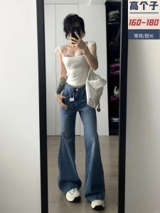 High Waist Extended Length Slim Fit Bell Bottom Jeans Womens Summer Low Waist American Style Long Pants Elastic Denim