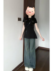 American Retro Blue Slim Fit Womens Summer Thin Jeans High Waist Slimming Horse Hoof Pants Loose Leggings Non-Matching