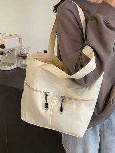 กระเป๋าถือผ้าใบความจุขนาดใหญ่สำหรับผู้หญิง กระเป๋าสะพายไหล่ข้างเดียวสไตล์อเมริกันวินเทจสำหรับเดินทาง กระเป๋าถือแบบมีซิป กระเป๋าสะพายข้าง