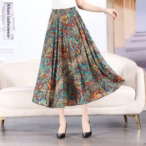 Summer 2024 Ice Silk Floral Print Midi Skirt High Waist A-Line Ladies Dancing Knee-Length Dresses Polyester Fiber Commute Style