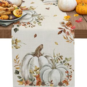1 Piece of Autumn Pastoral Table Runner Off-White Background Painted Watercolor White Pumpkin Flower and Leaf Suitable for Restaurant Home Harvest Dinner Pastoral Style Decoration.