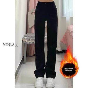 High Waist Straight Leg Fleece Lined Denim Jeans Womens Autumn Winter plus Size Elastic Slimming Bootcut Pants Casual Cotton Stretch